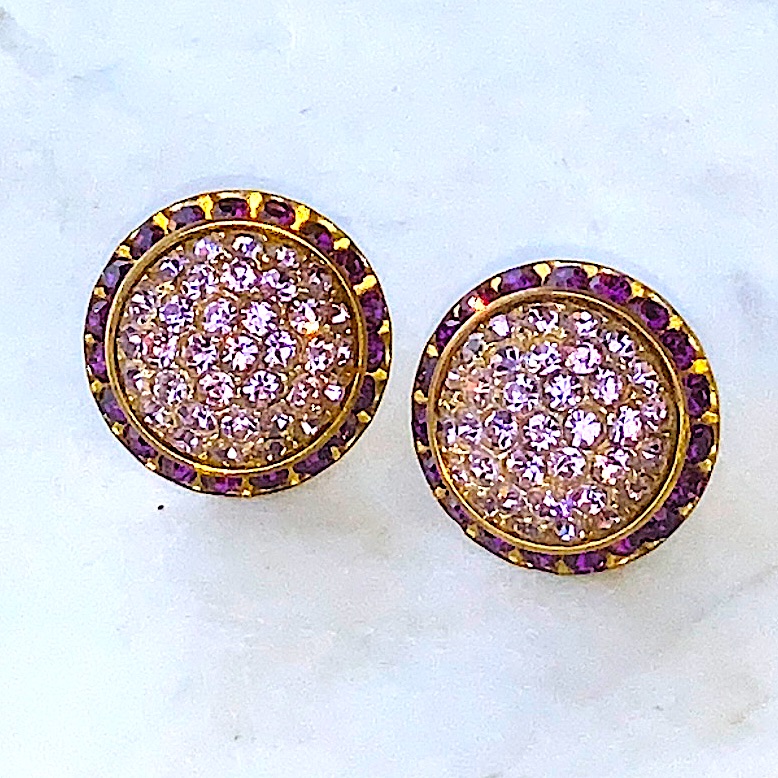 Vintage Earrings Amethyst & Lilac Austrian Crystals Round Button Shape